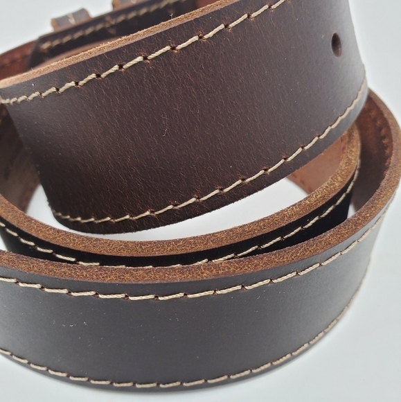 WRANGLER COCO BROWN LEATHER BELT TAN STITCHING PEWTER METAL BUCKLE MEN - Picture 4 of 12